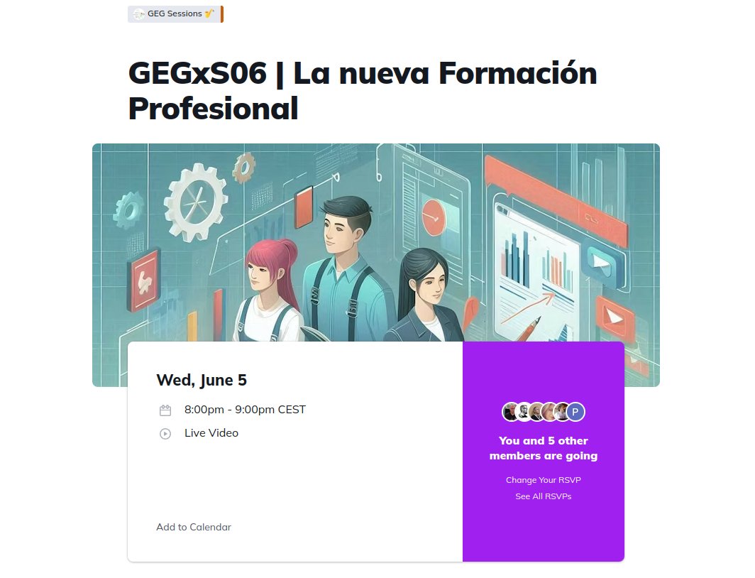 Si estás en FP, anota esto en tu agenda:

🗓️ Miércoles 5 junio
⏰ 20h-21h CEST
📌 #GEGSessions <a href="/GEGSpain/">GEG Spain</a>

<a href="/balbinof/">BalBino {𝘭𝘢𝘴2𝘤𝘰𝘯𝘉} Fernández Revuelta</a>, @RaulMindthegap y un servidor hablaremos largo y tendido con Patricia Santos y <a href="/oscarboluda/">eFePeando</a> de la nueva FP.

▼ +info e inscripciones ▼
transformacioneducativa.es/posts/46033262