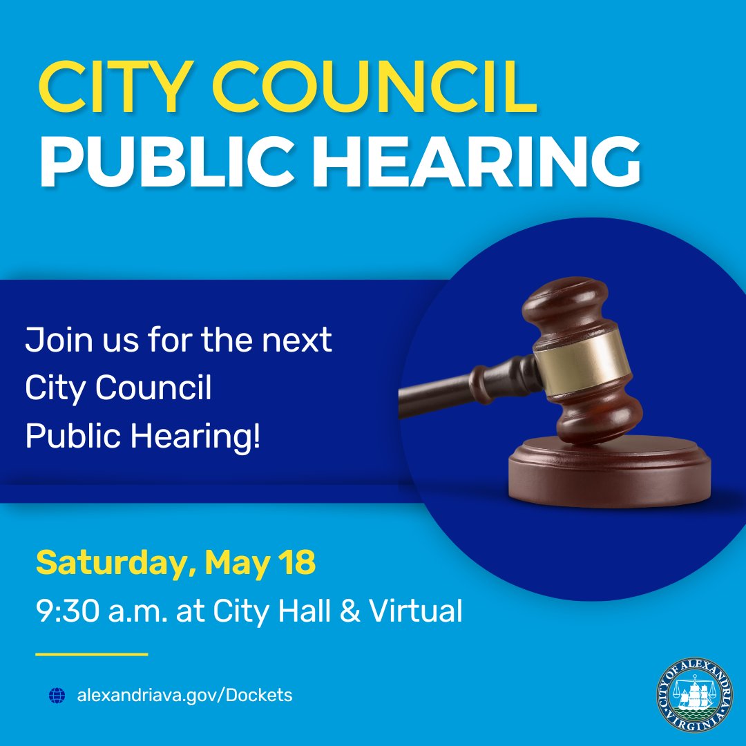 Our next City Council Public Hearing is this Saturday, May 18. Join us at 9:30 a.m. at City Hall or virtually. 

Any participant who wishes to speak must submit a Speaker's Form. The form and Saturday's agenda can be found here: alexandriava.gov/Dockets