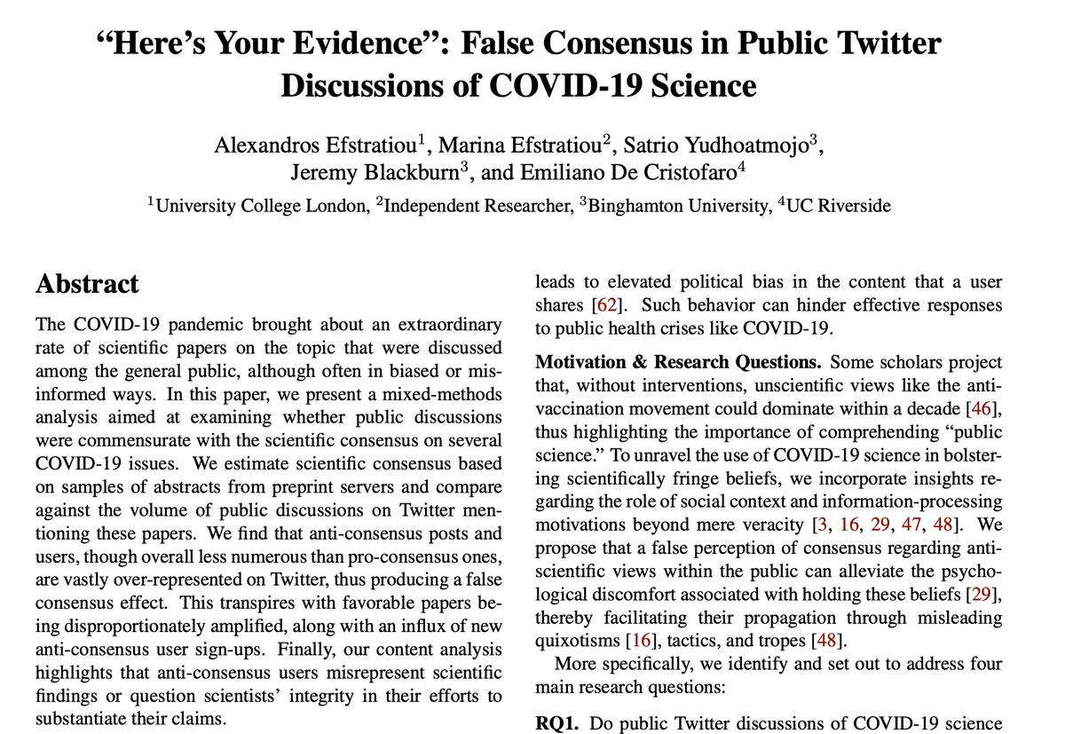 SpaLabUCR's tweet photo. The pre-print of our paper “Here’s Your Evidence”: False Consensus in Public Twitter Discussions of COVID-19 Science" is available at: https://t.co/Vo7H0Ui7BF

Led by @alextheEfstra, conditionally accepted (pending minor revisions) at ACM CSCW 2024 https://t.co/hNKaCTYqr8