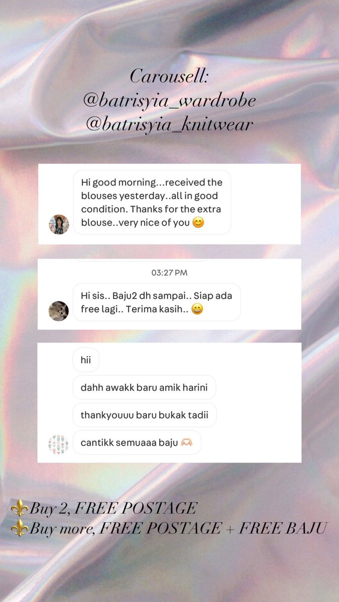 alhamdulillah 5-star⭐️ rating from my buyers siap ada yg repeat beli dgn i 😭🫶

siapa nak cuci2 mata boleh tekan sini tau 🛍️ carousell.com.my/u/batrisyia_kn…

kot2 ada yg berkenan di mata jatuh ke hati ha gituww~ 

beli 2 item+ sis terus kasi FREE POSTAGE‼️😍