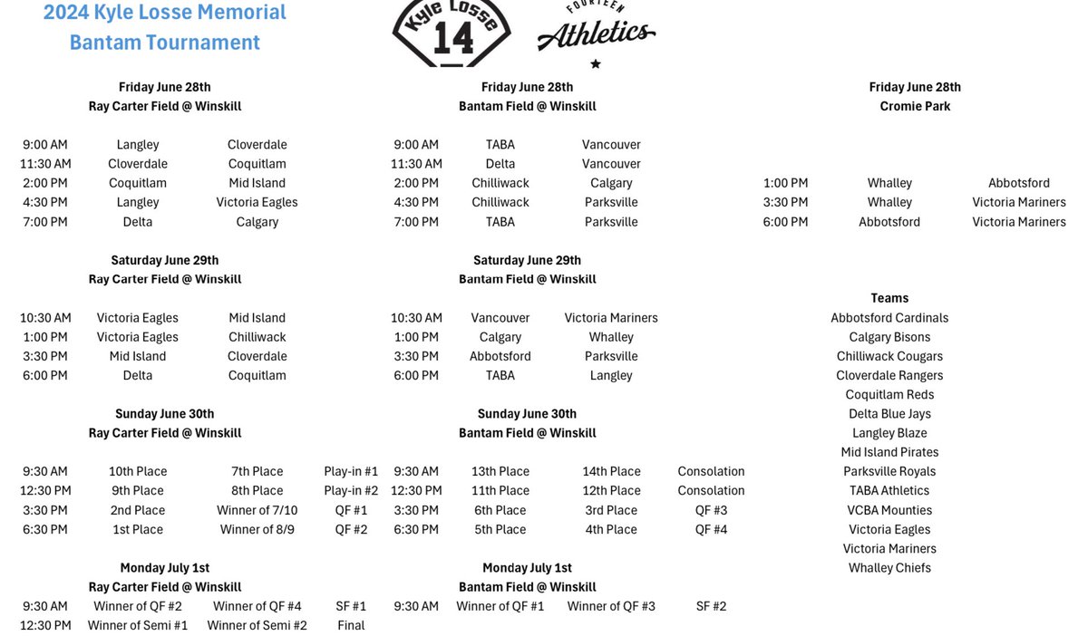 2024 Kyle Losse Memorial Tournament Schedule