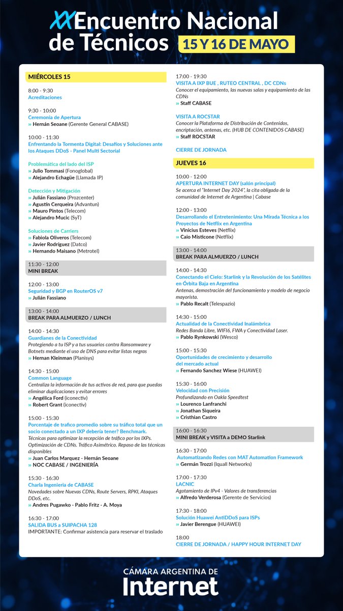 We will present the panel: “Connecting the Sky: Starlink and the Low Orbit Satellite Revolution in Argentina" in the  XX National Meeting of Technicians. The aim is to improve the quality of Internet services offered in the country, through the free exchange of ideas.