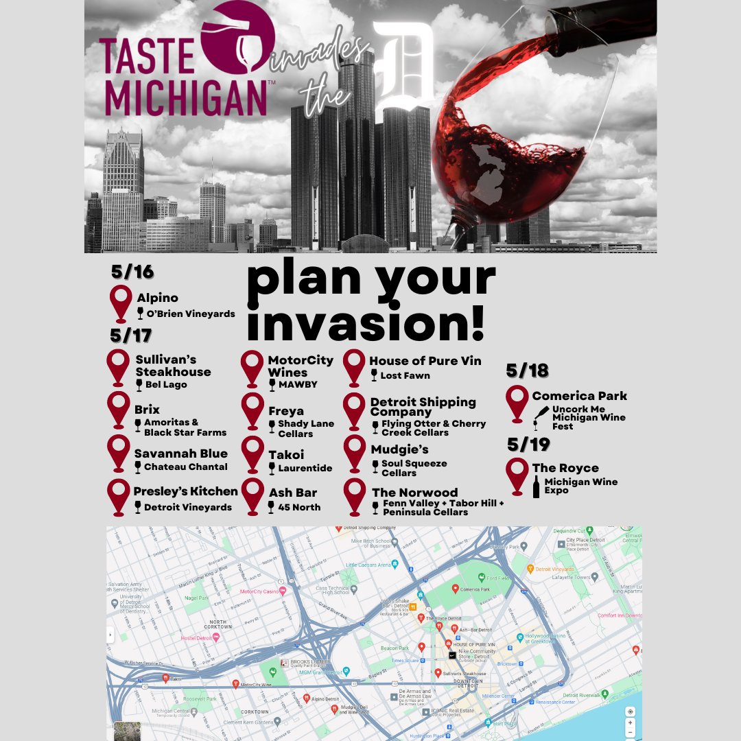 It's time to map your invasion for Taste MI Invades the D! Check out this handy map!. maps.app.goo.gl/MWKrqMTCR5P6Gy… #MIWineCollab #MIWine #MichiganWine #DrinkMIWine #TasteMichigan #CoolIsHot #MIWineMonth #MichiganWineMonth #TasteMIInvadestheD #Detroit #DetroitWine