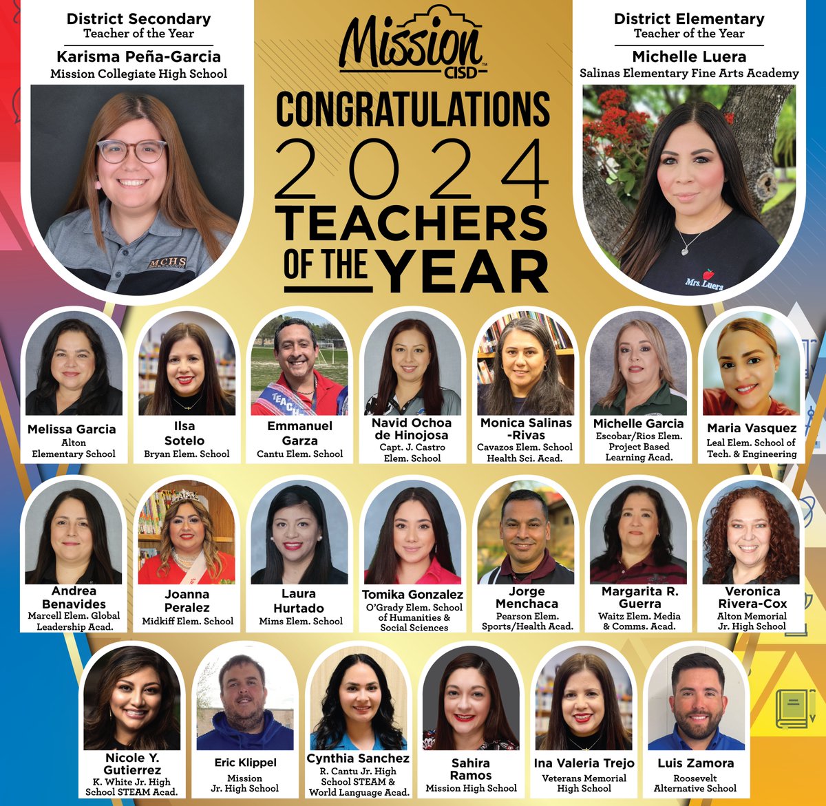 Congratulations to the 2024 Teachers of the Year at Mission CISD! 🍎🎉 These educators have been recognized for their outstanding contributions to student academic and personal growth, as evaluated by peers, leadership, and a panel of judges. #teachersoftheyear2024 👏