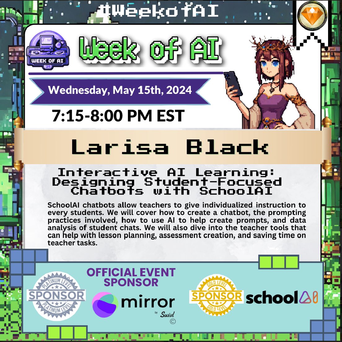 👩‍🏫 Want to learn more about how to create Chatbots to help personalize learning for your students? Join me for #weekofai at 7:15pm as I share one of the coolest features at @getschoolai 🤩 weekofai.ai #ai #teachers #chatbots #pd #personalizelearning #eduguardians