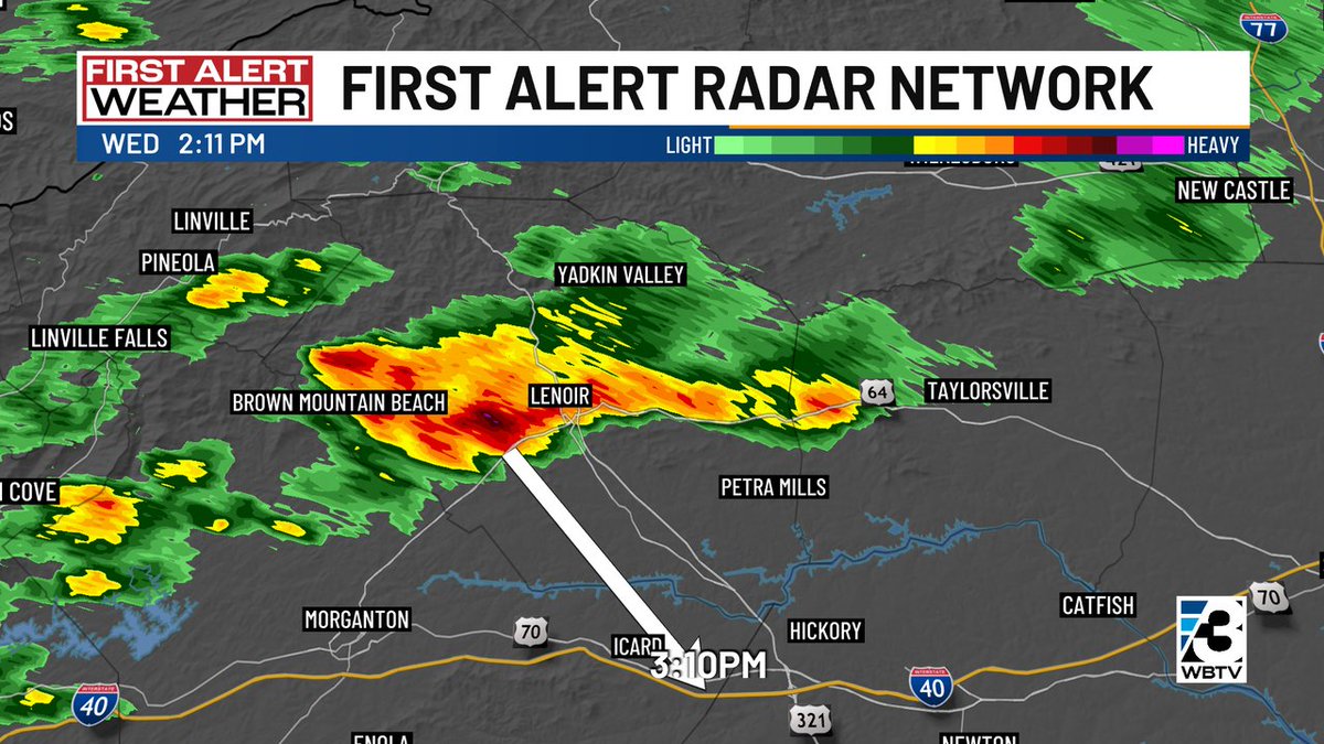 A strong storm capable of producing 50mph wind gusts & half inch hail is moving through Caldwell County... If it holds together at the same speed, I-40 will see impacts just after 3pm! #ncwx