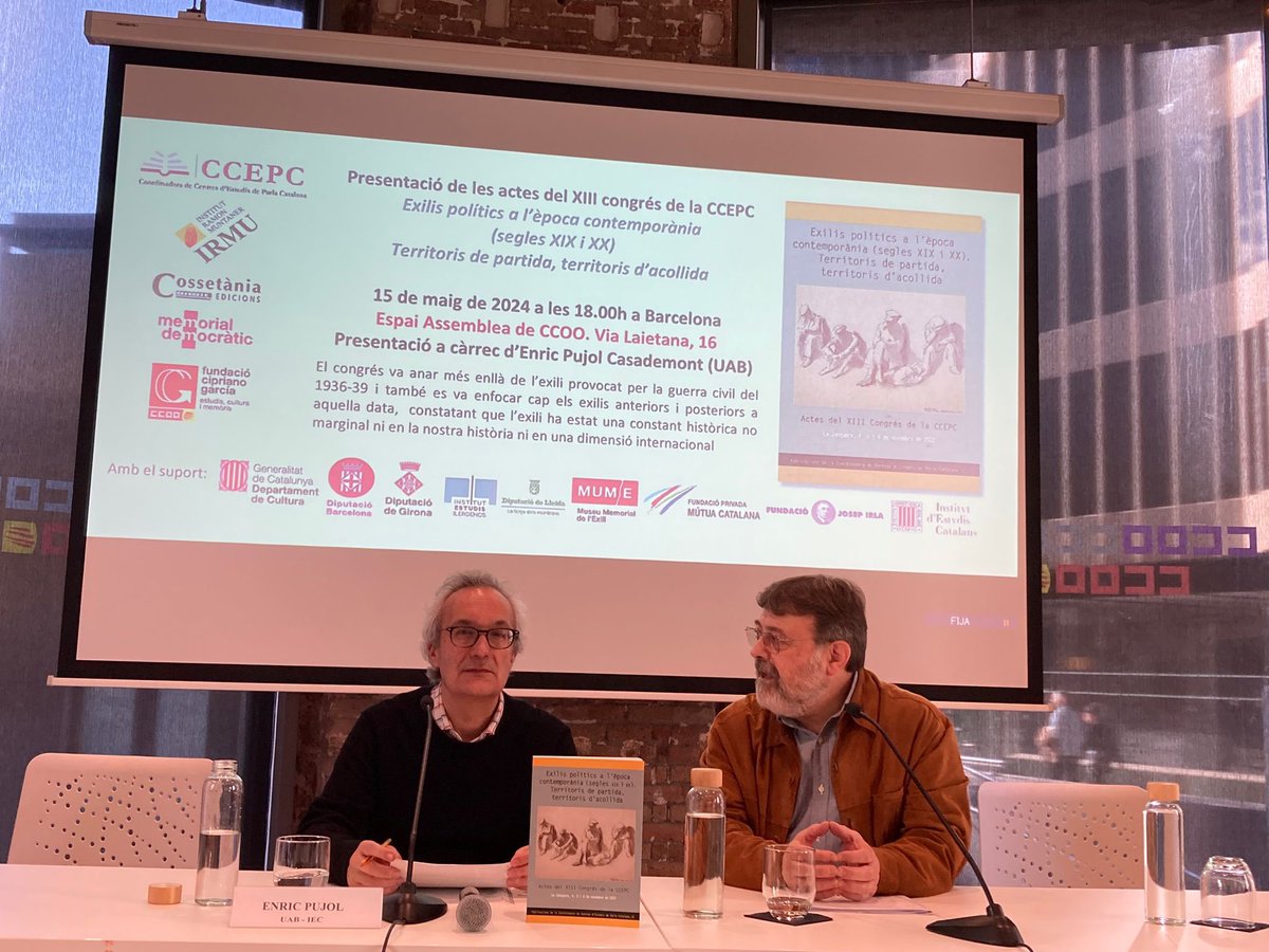 📖 Presentació del llibre “Exilis a l’època contemporània” a la seu de Comissions Obreres (@CCOOCatalunya).

👉 L’obra analitza els exilis provocats per la Guerra Civil, però també els anteriors i posteriors a del segle XIX i XX.