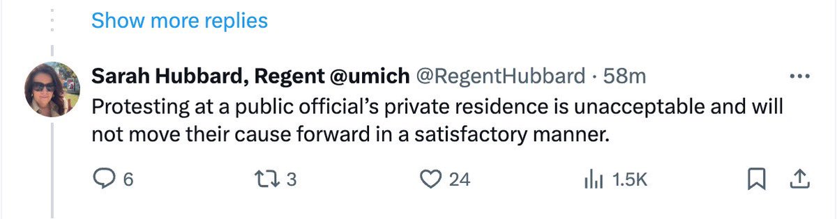 @RegentHubbard we know you’re deleting your tweets, but we have the receipts — instead of engaging with us on our demand for divestment from genocide, you’re smearing us publicly on Twitter? Excellent Regenting.