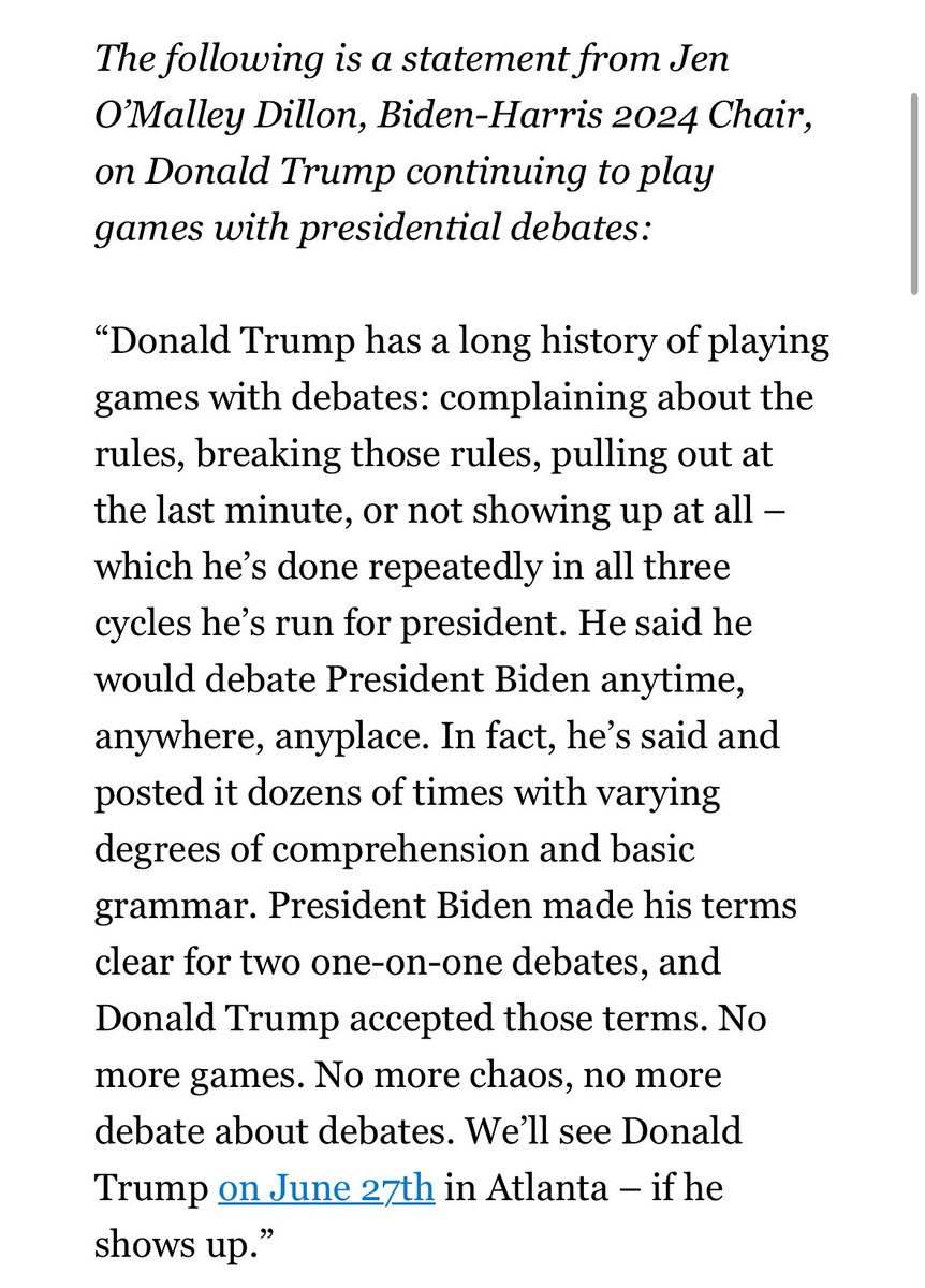 Biden campaign signaling the answer is no on a third debate in October hosted by Fox News 'President Biden made his terms clear for two one-on-one debates, and Donald Trump accepted those terms,' wrote Biden campaign chair Jen O'Malley Dillon. “No more debate about debates”