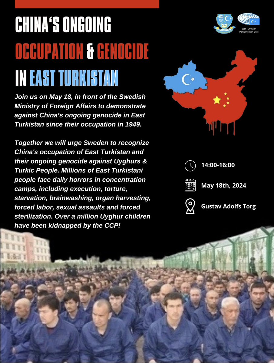 Join us on May 18, at the Swedish Ministry of Foreign Affairs to demonstrate against #China’s occupation and ongoing #genocide in #EastTurkistan. We urge #Sweden to recognize China's relentless genocide against Uyghurs and Turkic people and their #occupation of East Turkistan.