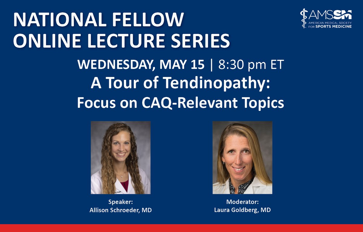 👀 Watch Dr. @A_SchroederMD give a #FellowsLectureSeries presentation later today at 8:30 pm ET, focusing on a CAQ-Relevant Tour of Tendinopathy. ➡️Find the link to join here: bit.ly/AMSSMEvents