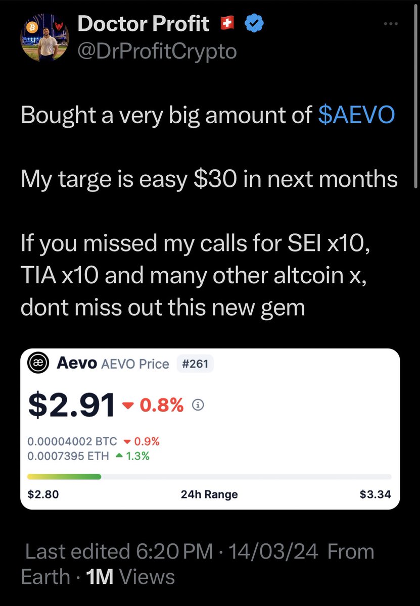 Dr scam did this for promotion he took money from aevo team when it got launched and now that they rekted retailors successful he’s playing victim card 🙌🏻 Well played sir.#Aevo #drprofitcrypto
