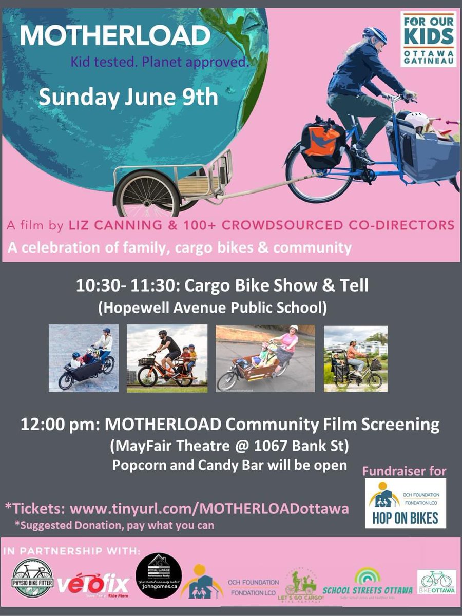 On June 9th we’ll celebrate all things about Bicycling with Kids AND Fundraise for Hop On Bikes! 🚲Cargo Bike Show & Tell - 10:30-11:30am at Hopewell Avenue Public School bike racks 🎬MOTHERLOAD Screening - show starts at 12 Learn more: forourkids.ca/MOTHERLOAD