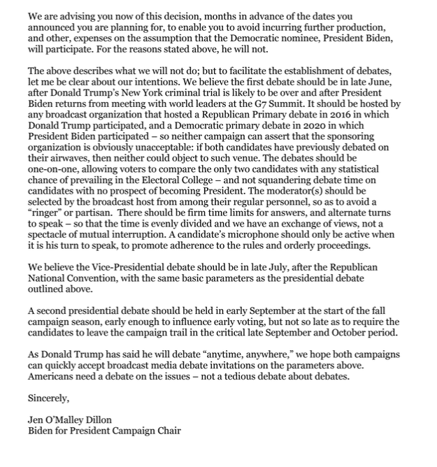 That's funny, this letter, dated today tells a very different story. Seems @JoeBiden is afraid of debating in a situation where there is an audience, no ability to tell him what to say, and won't have the ability to have his diaper changed...