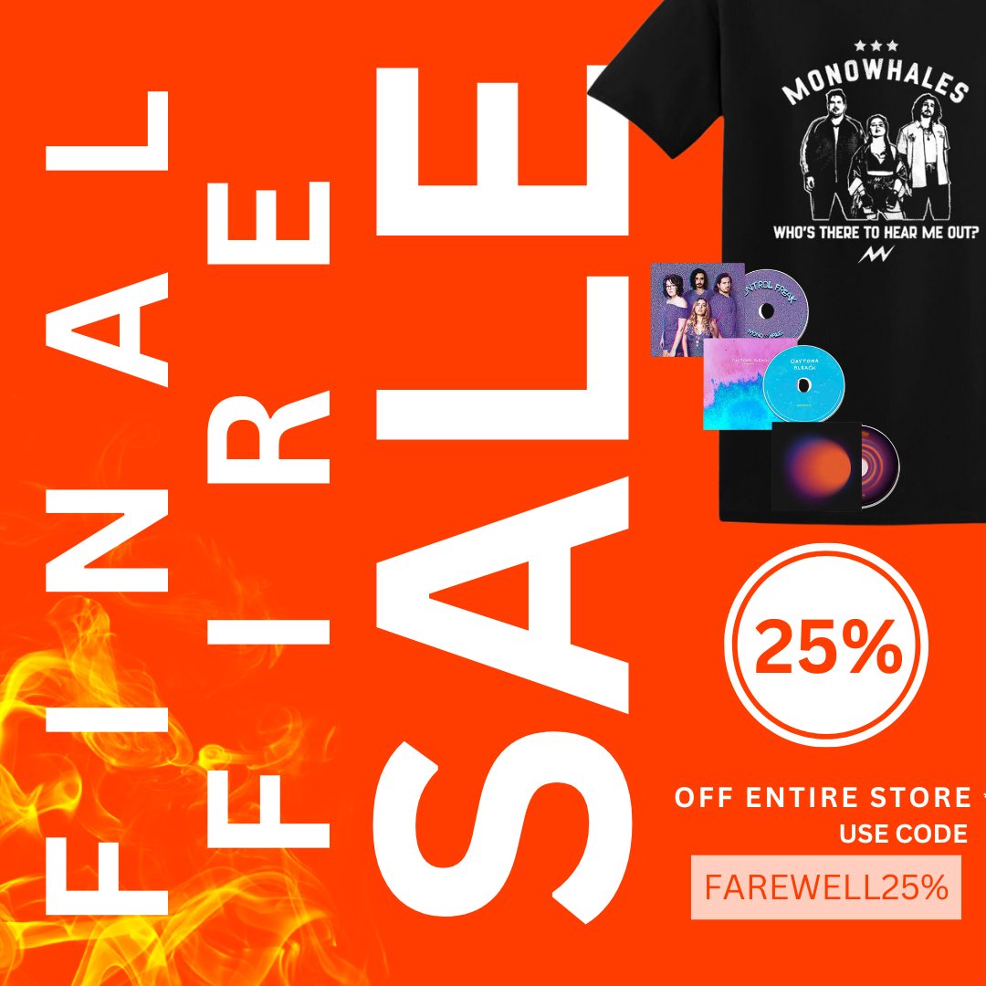 🚨 FINAL SALE UPDATE 🚨
The sale ends at the end of May, and we're not restocking. Use code FAREWELL25% at checkout on monowhalesmerch.com to get 25% off everything that's left.

Stock is disappearing quickly, so act now! Once it's gone, it's gone forever. ⏳
