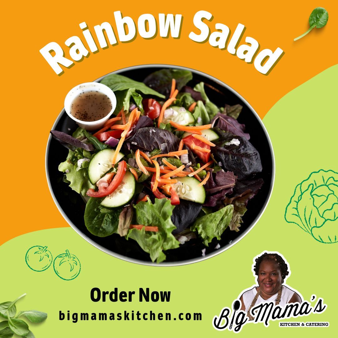 Happy #WellnessWednesday! All the colors of the rainbow are in this veggies-only #salad prepared with a bed of leafy spring mix topped with cucumber, celery, tomato, radish, and carrots.

Order at bigmamaskitchen.com or 402-455-MAMA