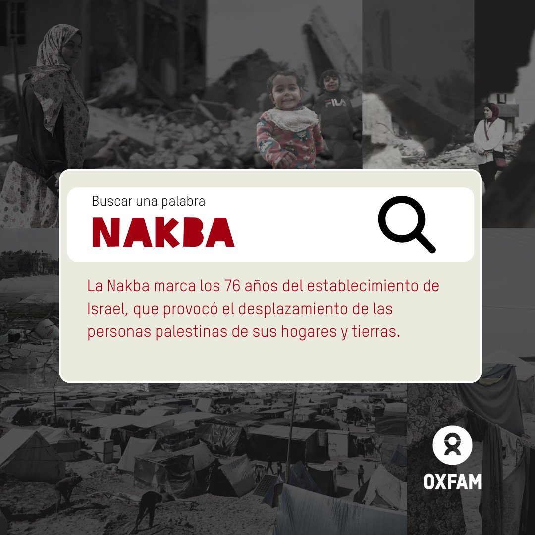 Hoy el pueblo palestino conmemora el 76° aniversario de la #Nakba (catástrofe), en la que 750 mil personas fueron desplazadas de sus hogares por el establecimiento de #Israel en su territorio. 
El desplazamiento palestino sigue. La ocupación israelí debe terminar. #CeasefireNOW