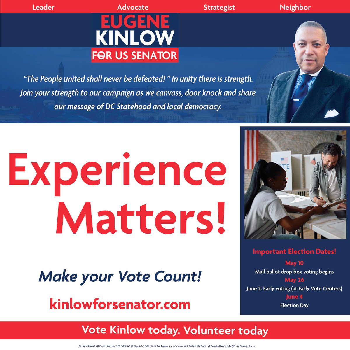 “The People united shall never be defeated! ” In unity there is strength. Join your strength to our campaign as we canvass, door knock and share our message of DC Statehood and local democracy.  #volunteerToday #VoteKinlow