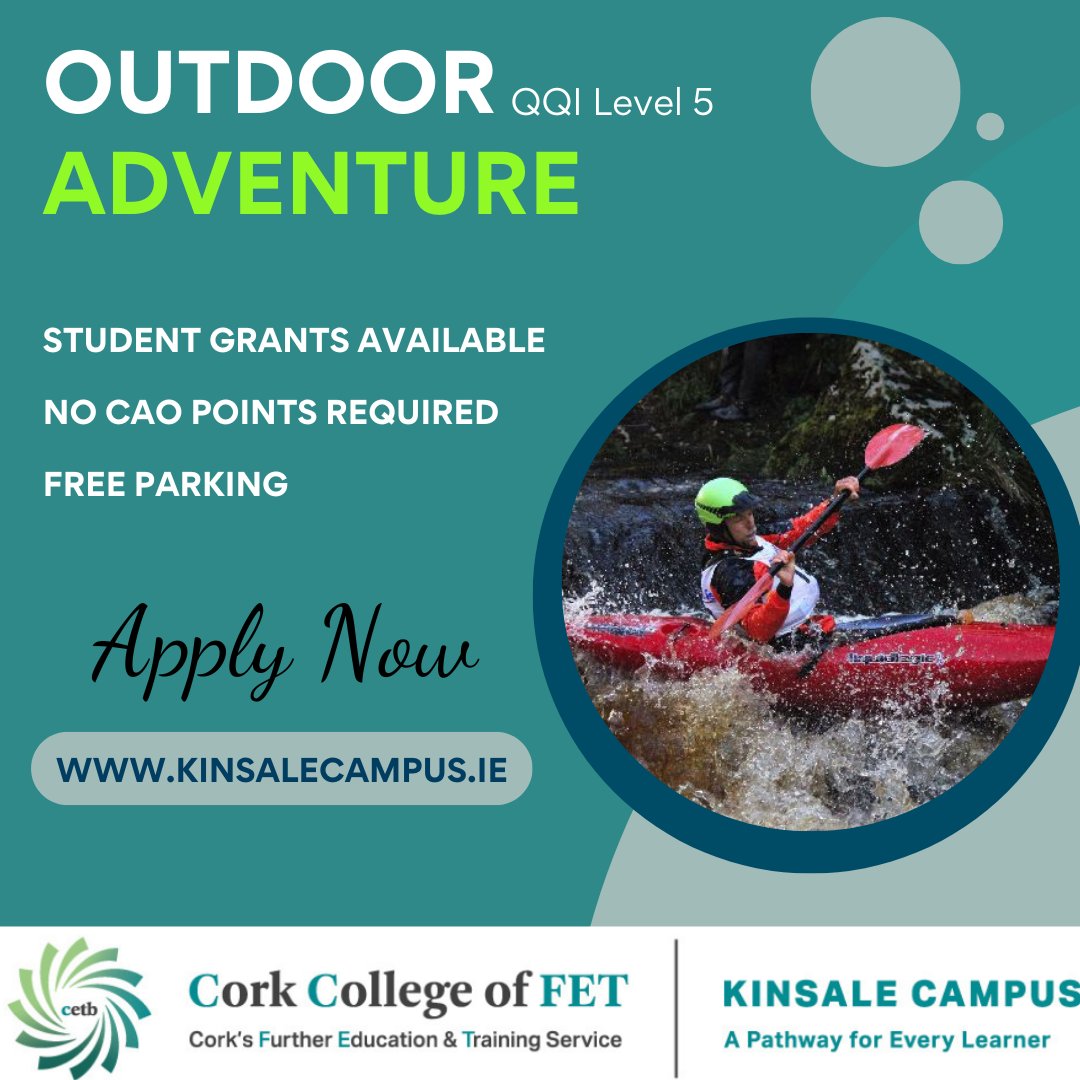 Apply now for our Level 5 Outdoor Adventure course via kinsalecampus.ie #kayaking #sailing #rockclimbing #powerboat #outdooradventure #activitycenter ##ccfet #CETB #kinsalecampus
