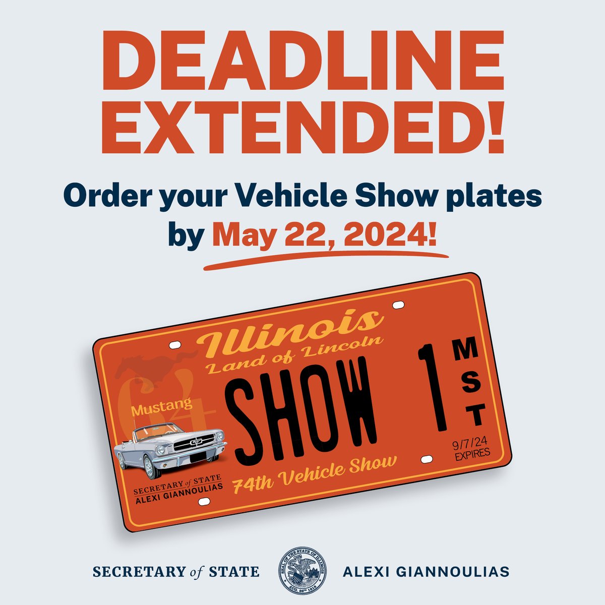 🚨DEADLINE EXTENDED!🚨 You still have time to order your special event vehicle show license plates for the 74th Annual Secretary of State’s Vehicle Show in Springfield on September 7th, 2024! But hurry, the new deadline is May 22, 2024. Request form ⤵️⤵️ ilsos.gov/publications/p…