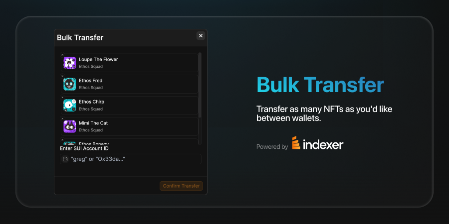 Transferring NFTs should be simple.

Bulk transfer as many @SuiNetwork NFTs as you'd like all in one transaction on TradePort.xyz.