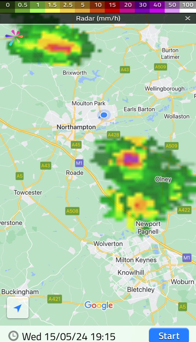 A heavy shower moving northwest about to move over Northampton Teyn.