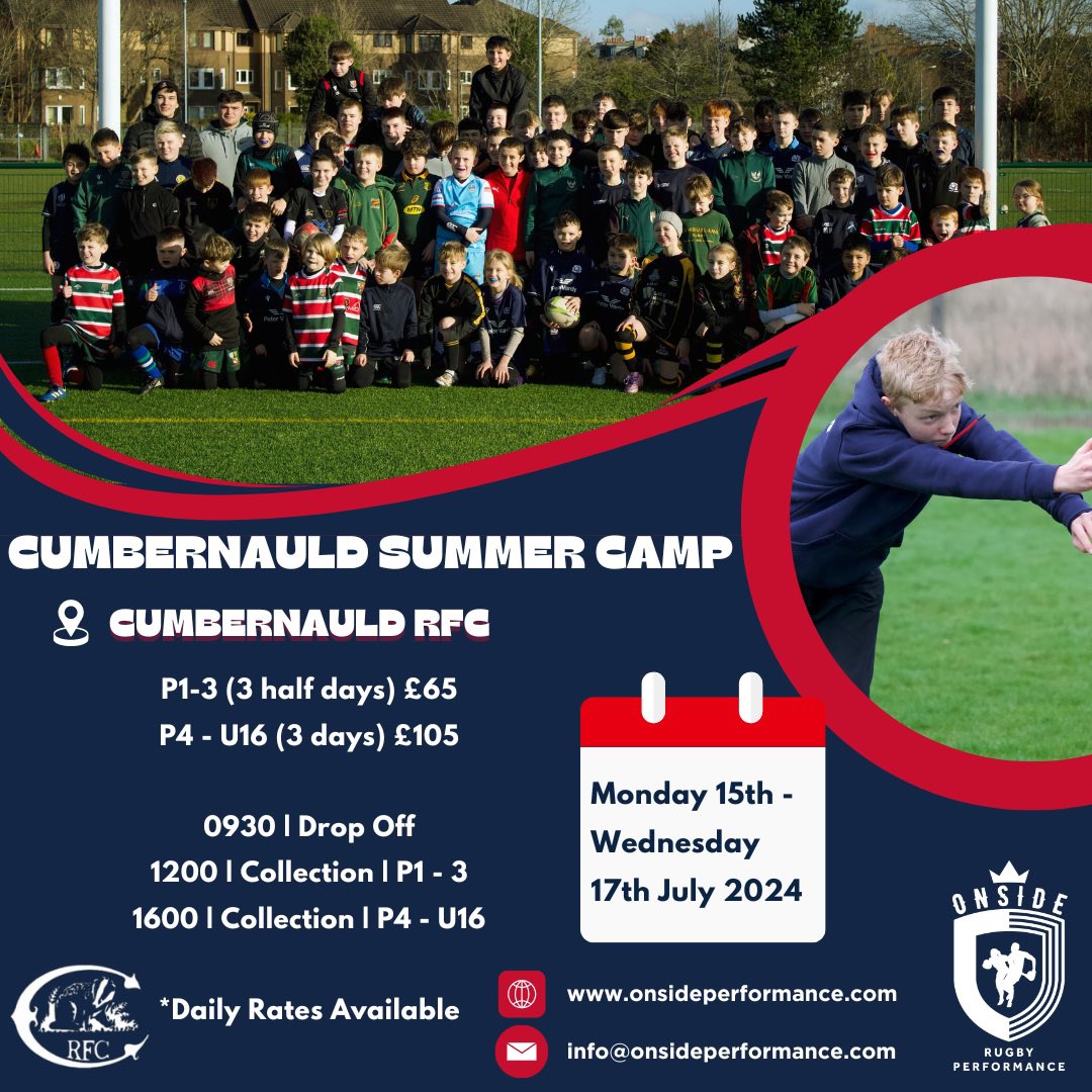 We’re thrilled to be going to Cumbernauld for the first time this summer ☀️ You can book your place at the Cumbernauld Summer Camp now 📧 Boys & Girls Welcome 🙌🏼 #GetOnside #OnsideRugby #cumbernauld #cumbernauldrugbyfamily
