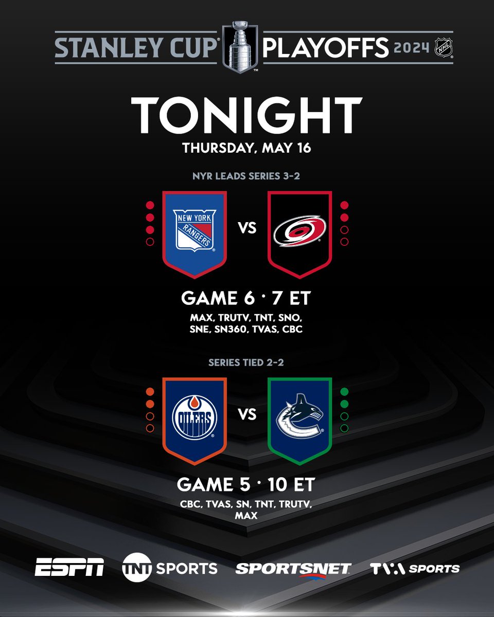 Pivotal games take over the Thursday schedule. The @Canes look to become the 10th team in NHL history to force a #Game7 after falling behind 3-0 in a series, while the @EdmontonOilers and @Canucks battle it out for a series edge in Game 5. #NHLStats: media.nhl.com/public/news/18…