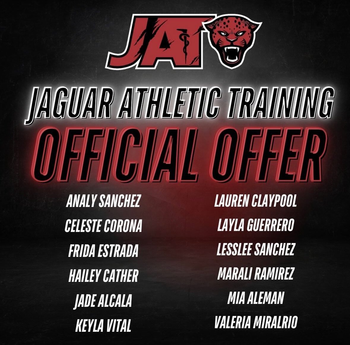 OFFERS HAVE BEEN SENT OUT!!Congratulations to our incoming #JATS class!! We are so excited to have y’all join our family & can’t wait to see all the amazing work y’all will do! #THEStandard #JFL #AthleticTraining