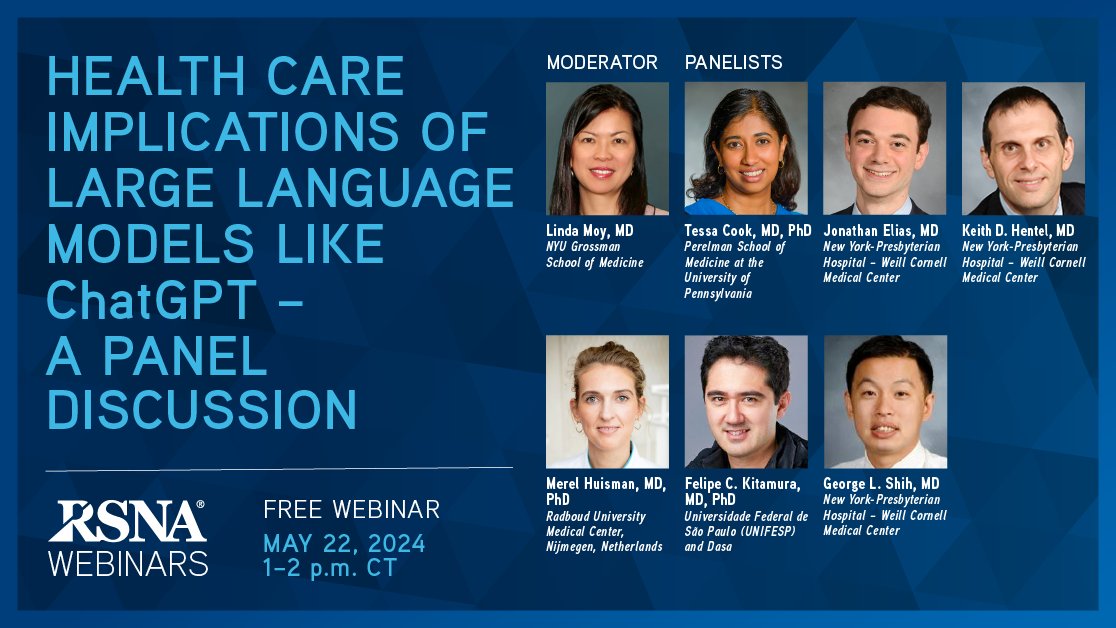 In this free one-hour webinar, a panel of experts will lead a focused discussion on ChatGPT and the potential ways it can be implemented in clinical radiology practice. Join us on May 22 at 1 p.m. CT. bit.ly/4aLgNz9