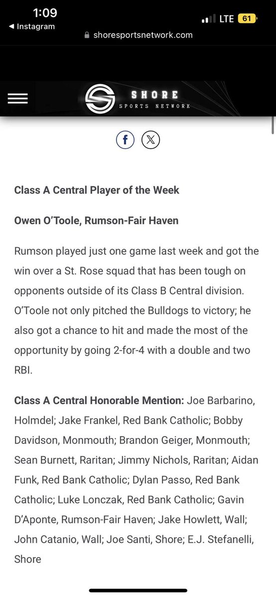 Excited to be named the Class A Central Player of the Week! Thank you @ShoreSportsNet