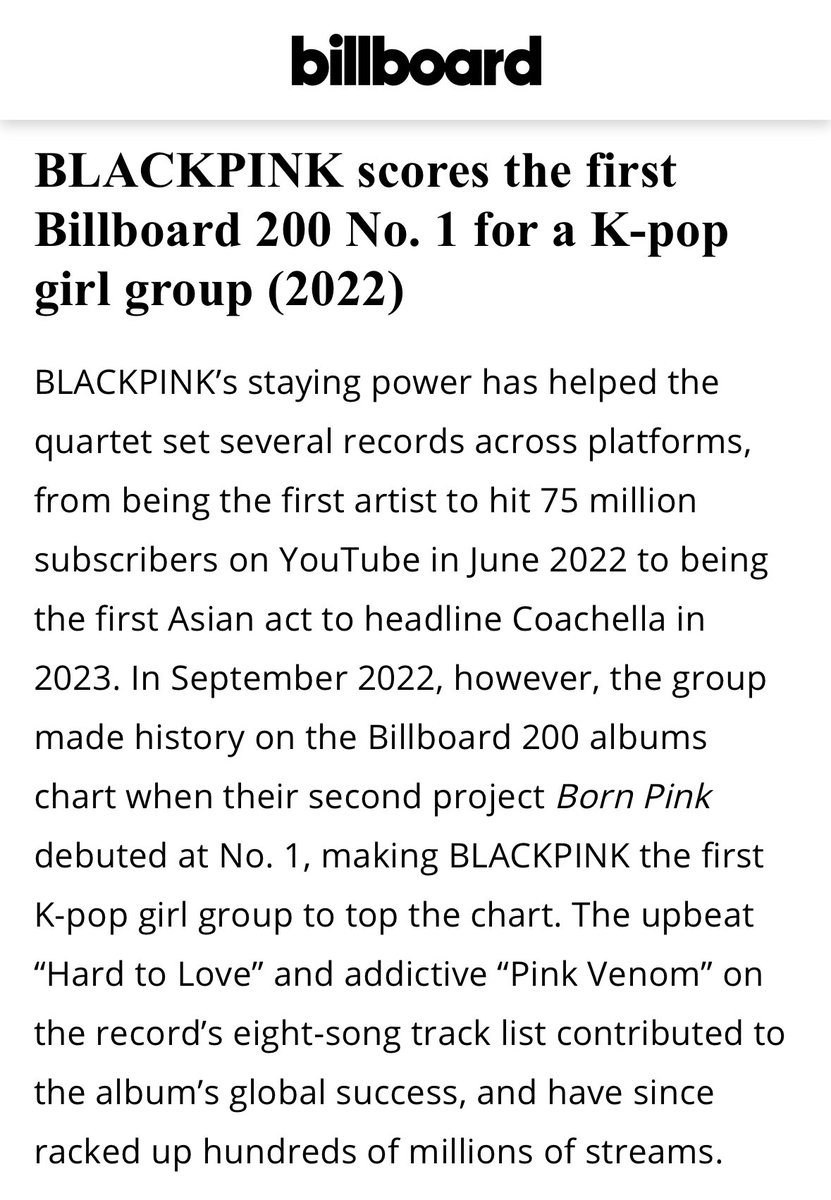 Both @BLACKPINK and #ROSÉ are mentioned on Billboard’s Top 10 Significant Achievements by Asian Artists in Billboard Chart History.

7.  ROSÉ, the highest-charting song by a Korean female soloist (2021)

9. #BLACKPINK, the first Billboard 200 No. 1 for a K-pop girl group (2022)