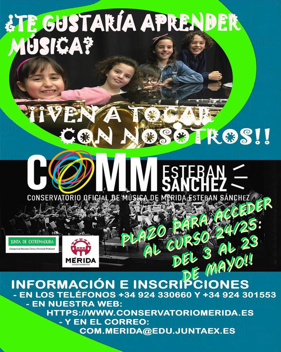 🎷🎹🎻 Hasta el 23 de mayo está abierto el plazo para acceder al curso 2024/25 del Conservatorio Profesional de Música Esteban Sánchez de Mérida +info 👉 conservatoriomerida.es/acceso-2024-25/