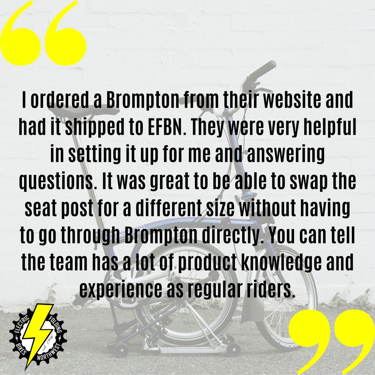 Happy to help - thanks for the review, Jeff!

#ElectricFoldingBikesNW #ElectricFoldingBikes #bikeshop #review #happycustomer #Seattle #Ballard #PNW #ebike #electricbike #foldingbike #ShopLocalRideGlobal