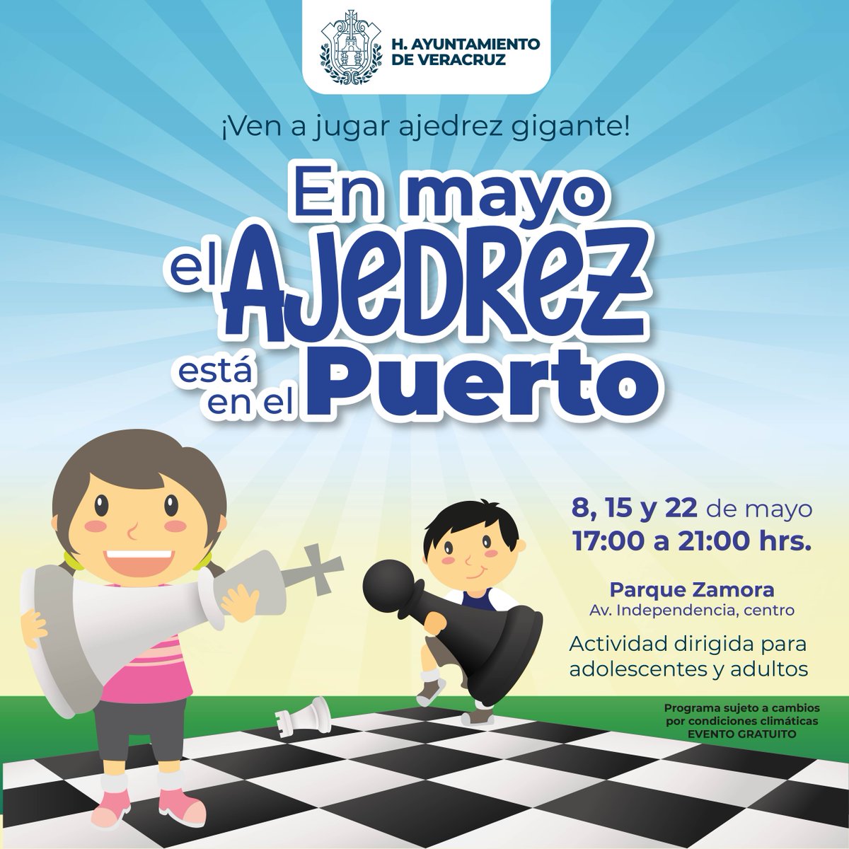 En Mayo todos jugamos Ajedrez♟️ Disfruta las tardes de Ajedrez GIGANTES este 8, 15 y 22 de Mayo de 17:00 a 21:00 hrs. En el Parque Zamora. ¡Te esperamos!