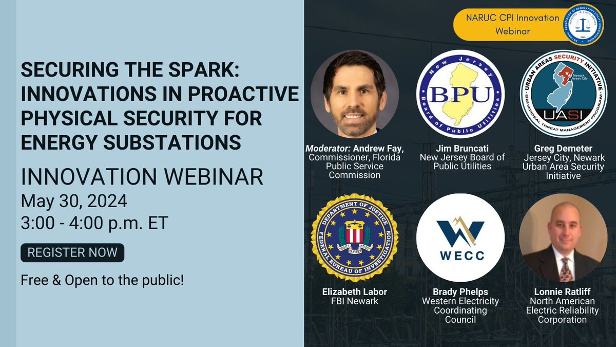 Mark your calendars for May 30th! @NARUC's Innovation Webinar – Securing the Spark: Innovations in Proactive Physical Security for Energy Substations from 3:00 – 4:00 PM Eastern. Free and open to the public. Learn more: enerknol.com/join-the-2024-… #energysafety #infrastructure #NARUC