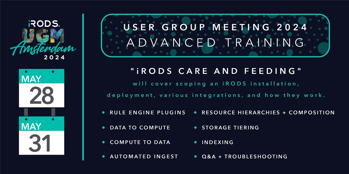 The #iRODSConsortium Team will provide training sessions for in-person #iRODSUGM attendees on May 28. The Advanced Training will cover scoping an #iRODS installation + deployment, as well as provide an overview of integrations. #OpenSource #DataManagement irods.org/ugm2024/