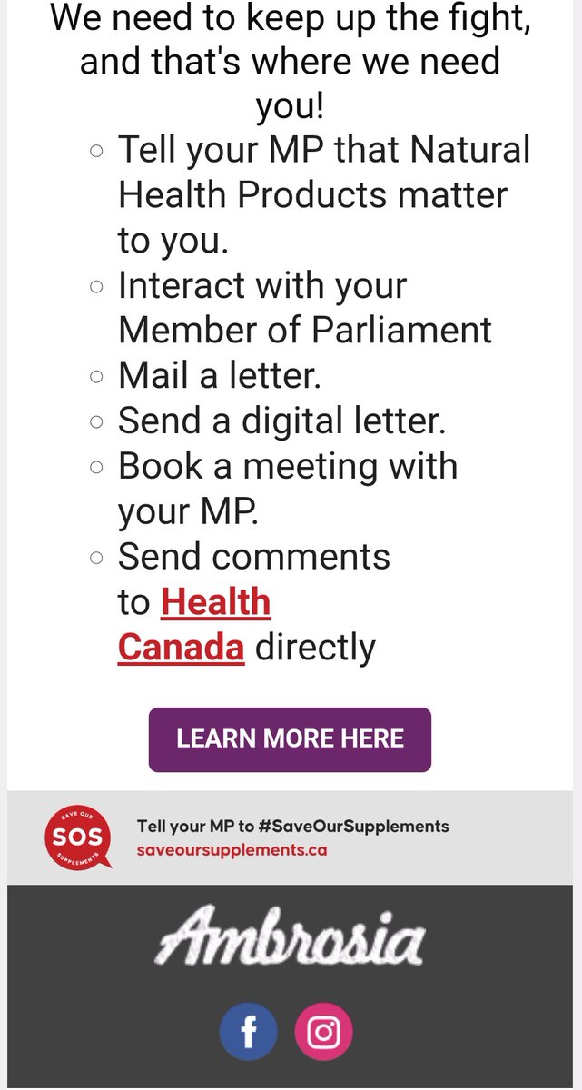 @JILLSLASTWORD Dear Dr. Andrew! I received an e-mail today from ambrosia.ca Natural Foods. As a Canadian,  who doesn't have an MP at the moment due to her resignation, whom should I contact to #saveoursupplements , I have been using for the last 24 years?! Thanks.