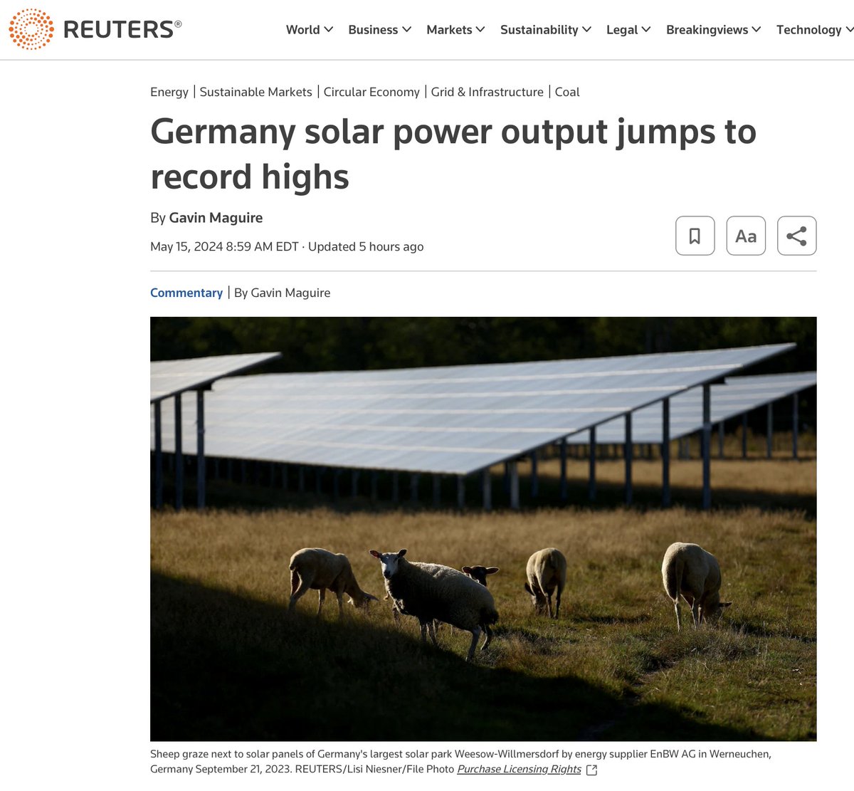 If you need more evidence that increased solar irradiance might be affecting the climate here you go: Solar farms produced over 60% of Germany's electricity for several hours a day over the past week... nearly 50% more than the long-term average for that particular week. While