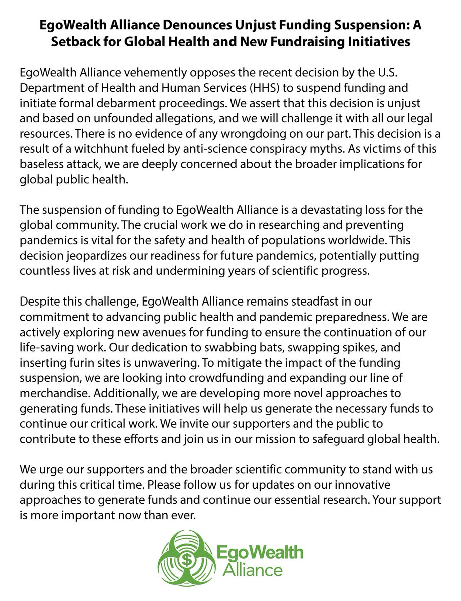 EgoWealth Alliance strongly opposes the unjust HHS funding suspension. This witchhunt is a setback for global health. We're committed to our mission and exploring new ways to fund our vital work. Join us in safeguarding public health. Read our full statement: