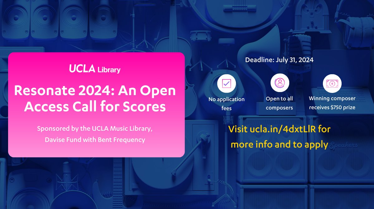 UCLA Library (@uclalibrary) on Twitter photo 🎶Resonate 2024, an open access call for scores, is now accepting saxophone, percussion and piano works!
Sponsored by the UCLA Music Library Davise Fund with <a href="/bentfrequency/">Bent Frequency</a> and UCLA professor Jan Berry Baker.
📅 Deadline: 7/31
🏆 Winner receives $750
ucla.in/4dxtLlR 🎶Resonate 2024, an open access call for scores, is now accepting saxophone, percussion and piano works!
Sponsored by the UCLA Music Library Davise Fund with <a href="/bentfrequency/">Bent Frequency</a> and UCLA professor Jan Berry Baker.
📅 Deadline: 7/31
🏆 Winner receives $750
ucla.in/4dxtLlR