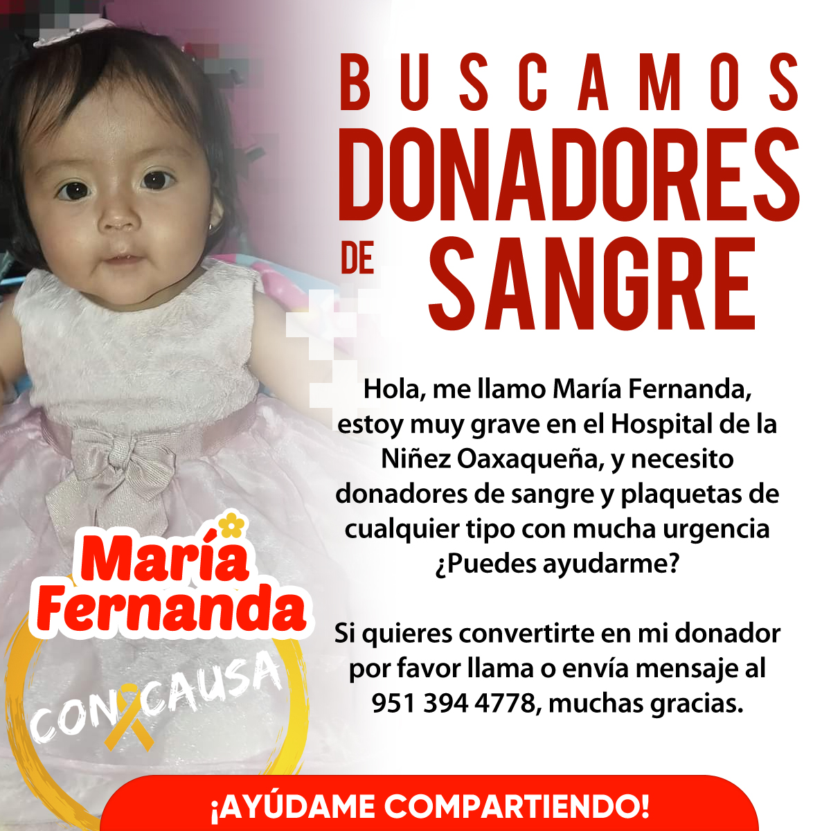 María Fernanda es una bebita, se encuentra muy grave en el Hospital de la Niñez Oaxaqueña y necesita donadores de manera urgente. Ayúdanos compartiendo esta publicación y si puedes también donándole. #DonaSangre #Oaxaca #ConCausa #FelizMiércoles #Urgente