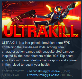 ULTRAKILL has now passed 100,000 reviews on Steam at 97% positive! Thank you all for helping us reach this frankly absurd number.