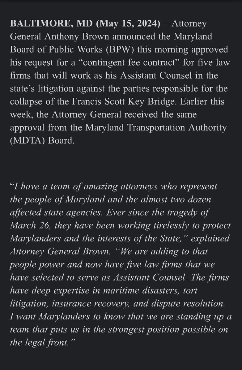 Inbox: @OAGMaryland gets the go-ahead to hire five law firms for Key Bridge litigation.