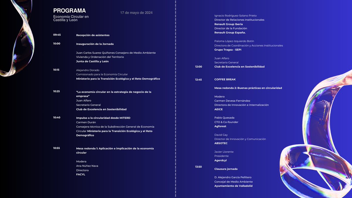 ¡Os compartimos el programa completo de las jornadas de Economía Circular de Castilla y León del próximo 17 de mayo en Valladolid. Inscríbete en el siguiente enlace para asisitir: bit.ly/4dc2NQq 

¡Te esperamos! 🤗 

#EconomíaCircular #Sostenibilidad