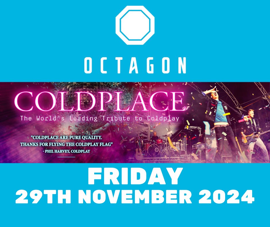 The world’s leading <a href="/coldplay/">Coldplay</a> tribute is landing at the Stafford Octagon this November! 👊

Book your tickets to see the brilliant <a href="/ColdplaceCP/">Coldplace</a> by clicking the link below: 

🗓️ Friday 29th November 2024
🎫 ticketnation.uk/events/coldpla…