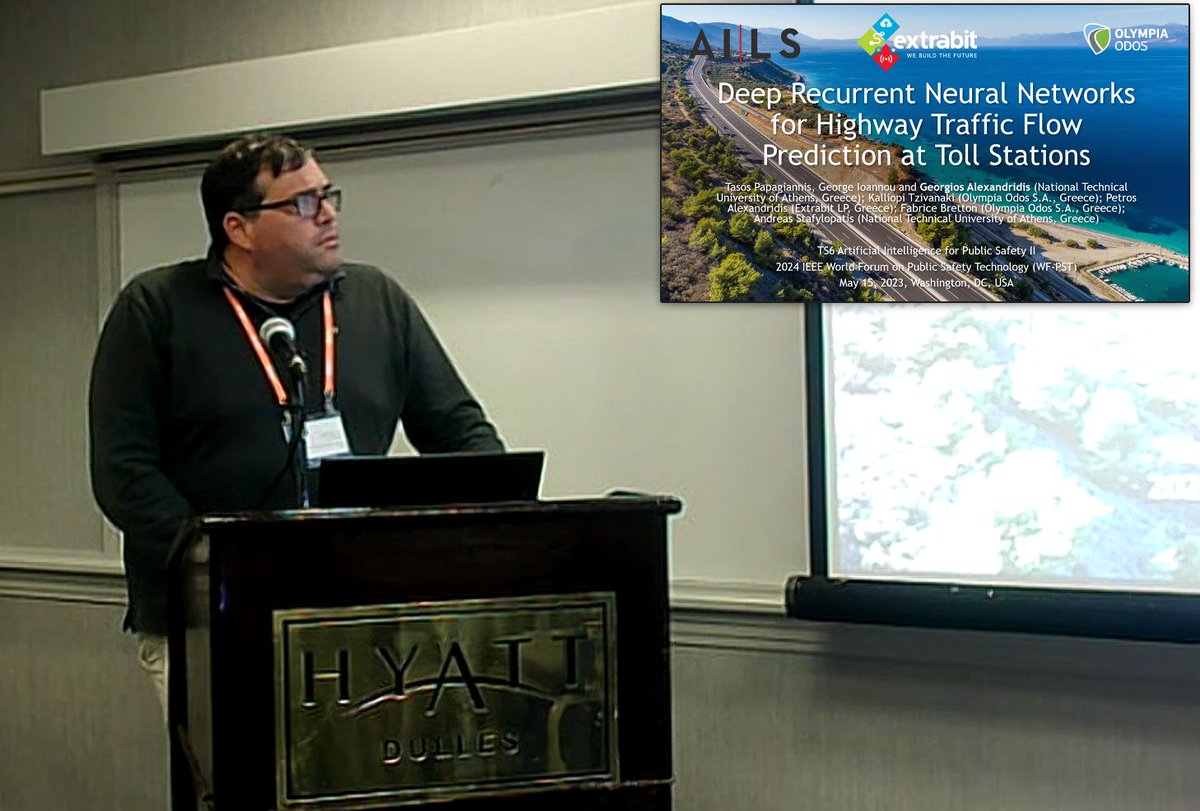 I have just presented our joint work with <a href="/OlympiaOdosSA/">Olympia Odos</a>  &amp; Extrabit on Deep Recurrent Neural Networks for Highway Traffic Flow Prediction at Toll Stations at the 2024 IEEE World Forum on Public Safety Technology (WF-PST) conference. <a href="/IEEEPubSafety/">IEEE Public Safety Technology Initiative</a> #WFPST <a href="/AilsNtua/">AILS_NTUA</a>