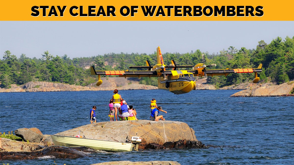Did you know a waterbomber will not scoop from a lake or river if watercraft or people pose a safety hazard? If you see one flying overhead, move close to shore so they can perform their scoop safely. Learn more: ontario.ca/page/drones-wa…