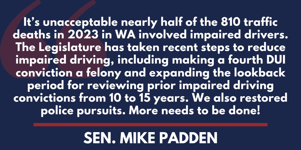 Sen. Mike Padden responds to the WA Traffic Safety Commission reporting a 33-year high in traffic fatalities. Nearly half involved impaired drivers. #UnsafeWA #waleg Report: ow.ly/wy8N50RGFRL
