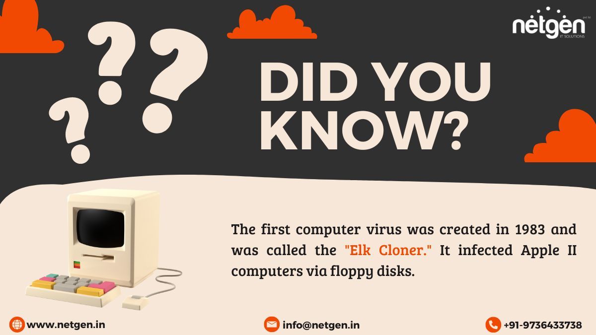 Fun Fact...!
.
.
#ElkCloner #ComputerVirus #AppleII #VintageTech #RetroComputing #ComputerHistory #TechTrivia #TechConsultancy #ITServices #TechExperts #Innovation #shimla
.
.
Visit our Website: netgen.in